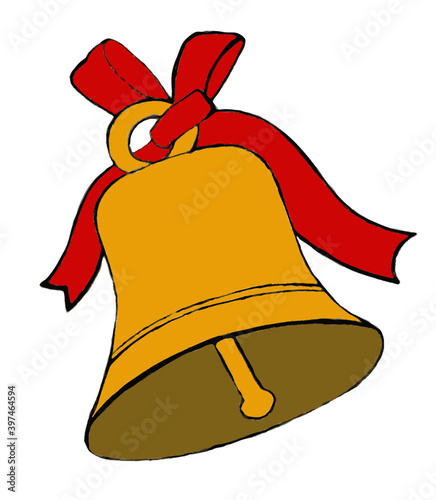 Golden bell with red ribbon