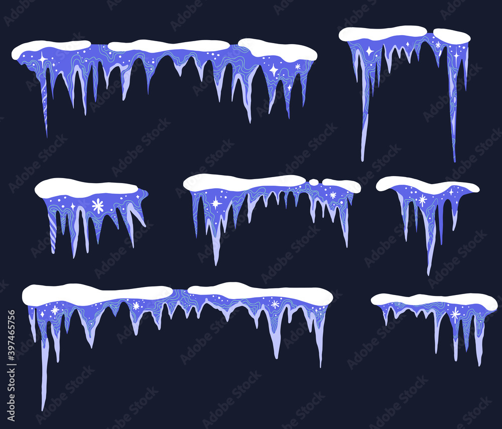 Snow and ice vector frames.Winter cartoon caps, snowdrifts and icicles.Background Snowcap borders.Snowy elements.Flat style decoration for winter design stock illustration. on black