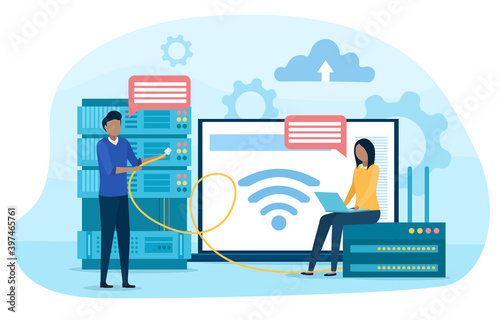 System administrator. People working on computer and doing technical work with server. Configuration of computer systems and networks. Abstract concept. Flat cartoon vector illustration