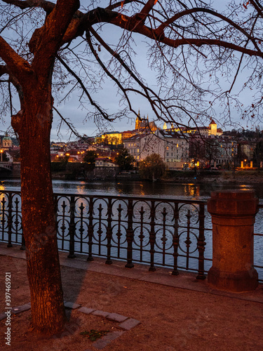 View on Prague Castle from the evening park across the Vltava river
