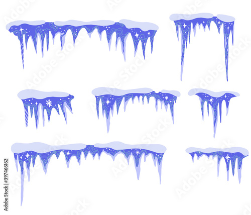 Snow and ice vector frames.Winter cartoon caps, snowdrifts and icicles.Background Snowcap borders.Snowy elements.Flat style decoration for winter design stock illustration.on white