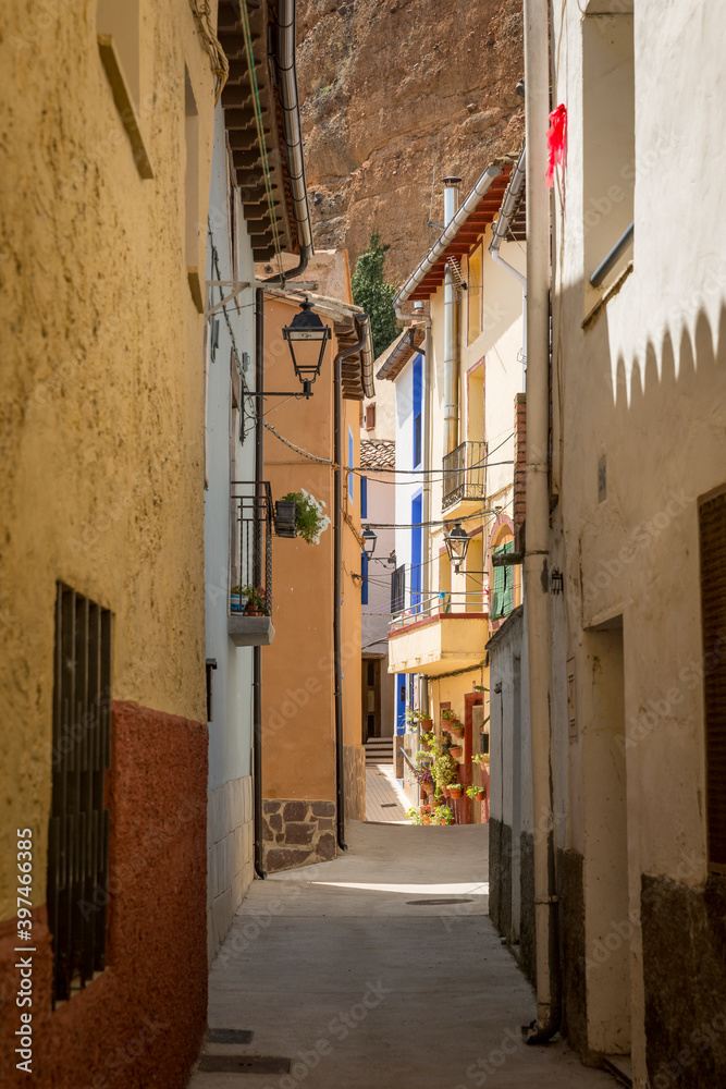 a narrow street in Los Fayos village, province of Zaragoza, Aragon, Spain