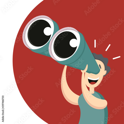 A man looks through binoculars. He is glad of what he saw. Vector illustration. Banner with search theme, great offer.