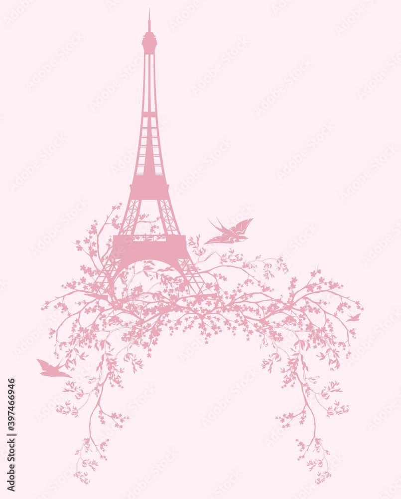 eiffel tower and blooming sakura tree branches with flying swallow birds - spring season Paris vector silhouette design