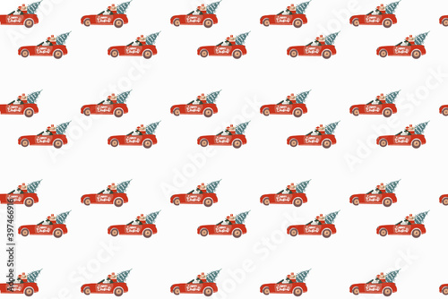 Vector seamless pattern on a New Year s holiday theme with car full of gift boxes and Christmass tree on white background