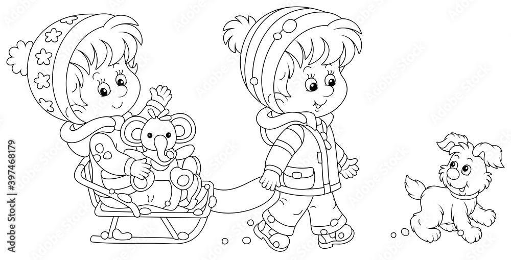 Fototapeta Wesoły mały chłopiec na sankach szczęśliwą uroczą dziewczyną z zabawnym słoniem i chodzeniem z wesołym szczeniakiem w mroźny i śnieżny zimowy dzień, czarno-biały kontur wektor ilustracja kreskówka