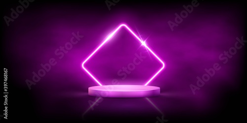 Glowing neon pink rhombus with sparkles in fog on round podium. Abstract electric light frame on black background. Geometric fashion design vector illustration. Empty minimal art decoration