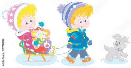 Merry little boy sledding a happy cute girl with a colorful toy elephant and walking with a cheerful grey puppy on a frosty and snowy winter day, vector cartoon illustration on a white background