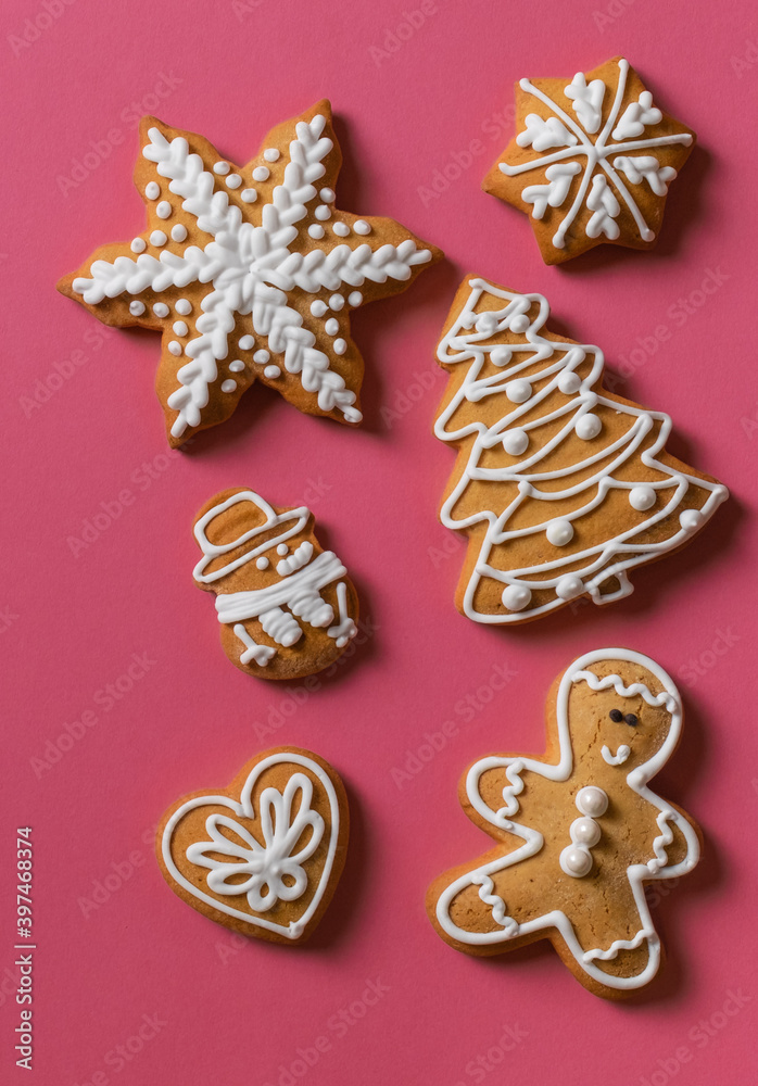 pink red biscuit gift background new year cookies top view copy space pink red biscuit gift background new year cookies top view copy space