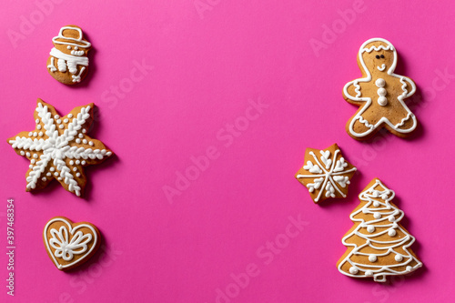 pink red biscuit gift background new year cookies top view copy space
