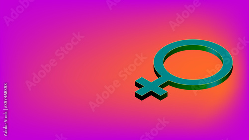 Isometric female gender sign with copy space on pink background. Feminine symbol for banner. Vector illustration.