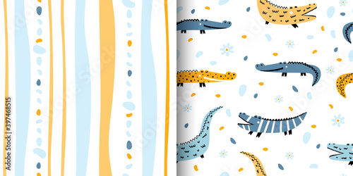 Cute seamless pattern with crocodiles and stripes.