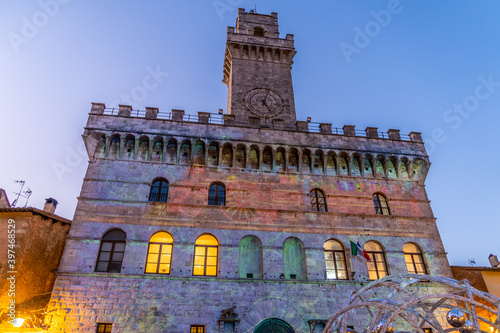 Photography Town Hall and clock tower of Montepulciano, located in Piazza Grande, during the