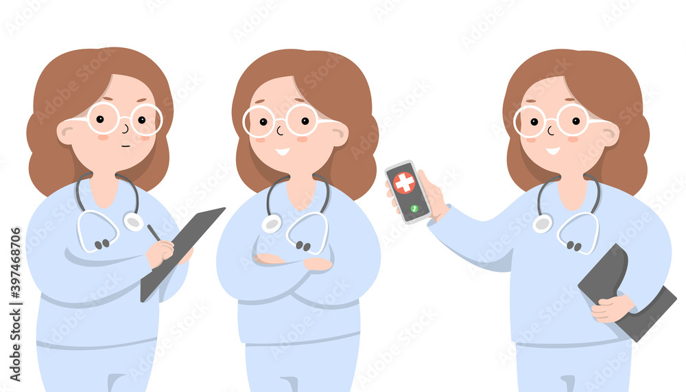 Set with the doctor. Female doctor in different poses on a white background. Online consultation with a medical specialist. Vector illustration in a flat design. Set with the doctor. Female doctor in different poses on a white background. Online consultation with a medical specialist. Vector illustration in a flat design.