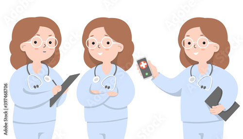 Set with the doctor. Female doctor in different poses on a white background. Online consultation with a medical specialist. Vector illustration in a flat design.