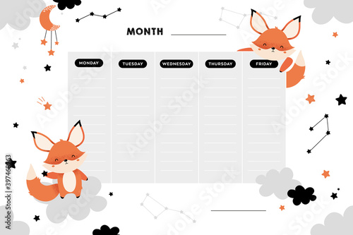 School Timetable. School lessons. Cute baby poster with foxes. Fox, stars, constellation, sky. School poster. Printing on a notebook, poster, postcard.