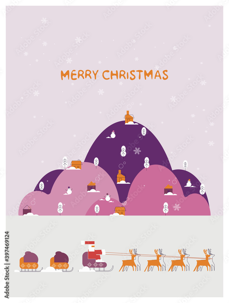 Vector illustration of a Christmas winter landscape poster.Purple color of rural winter with Santa Claus,Father Christmas  sets out to deliver presents on reindeer  sleigh through the snow.