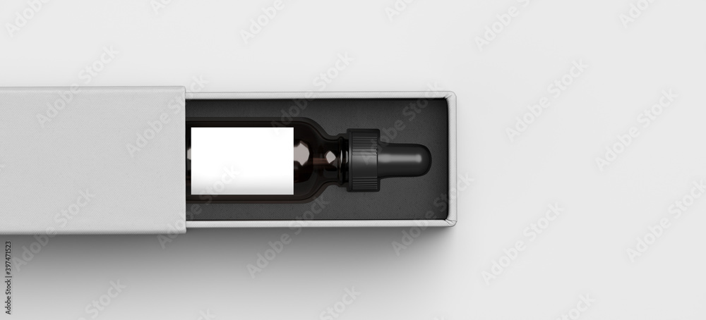 Mock-up Template for cosmetic branding identity. Cosmetic bottle and blank open sliding paper box on white background. 3d rendering illustration. Clipping path of each element included. Mock-up Template for cosmetic branding identity. Cosmetic bottle and blank open sliding paper box on white background. 3d rendering illustration. Clipping path of each element included.