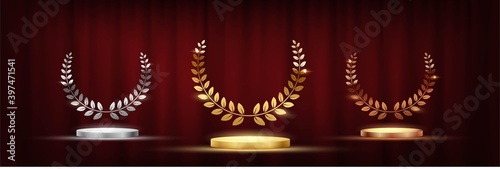 Golden, silver and bronze award signs with podiums laurel wreath isolated on red curtain background. Vector award design templates.