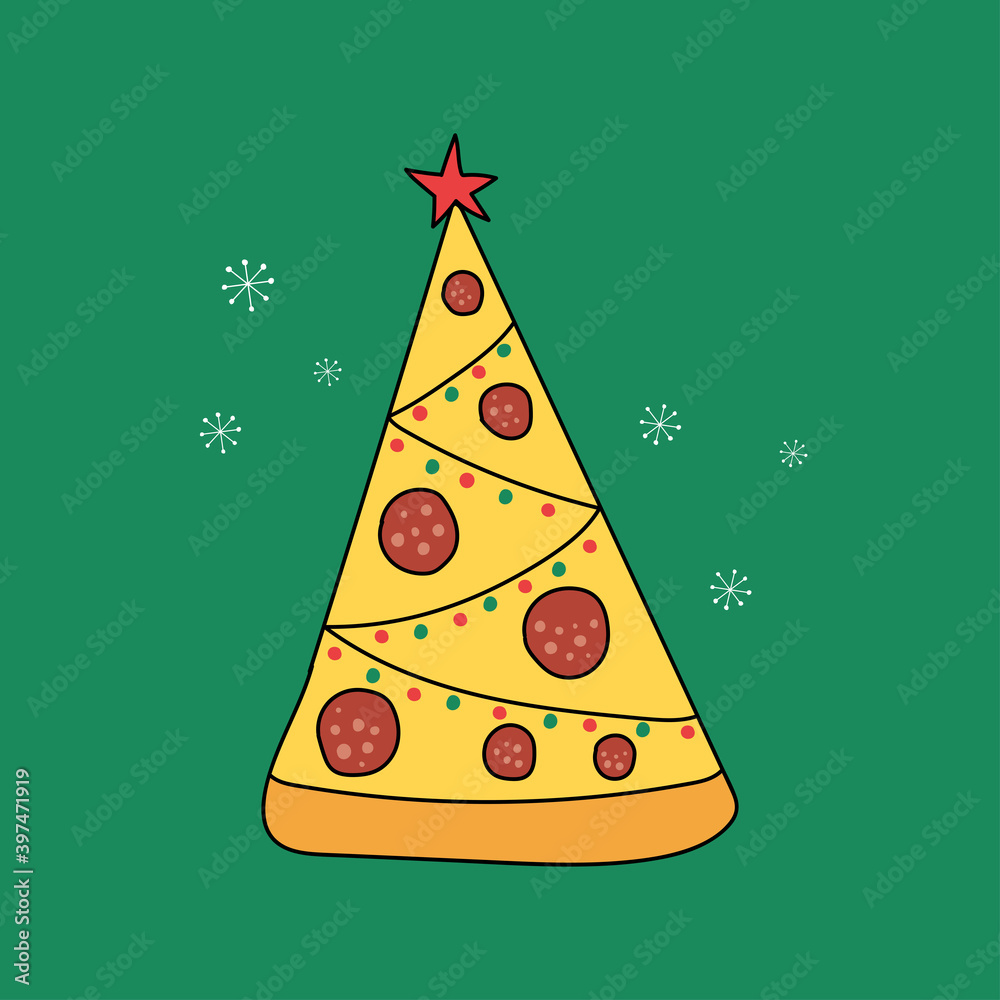 Fototapeta Pizza Christmas tree with a star on top. Vector flat illustration.Great for design cards, posters, menus.