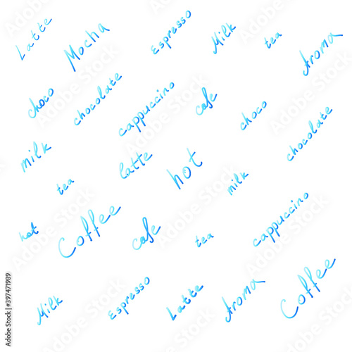 coffee and tea theme words handwrited on white, pattern