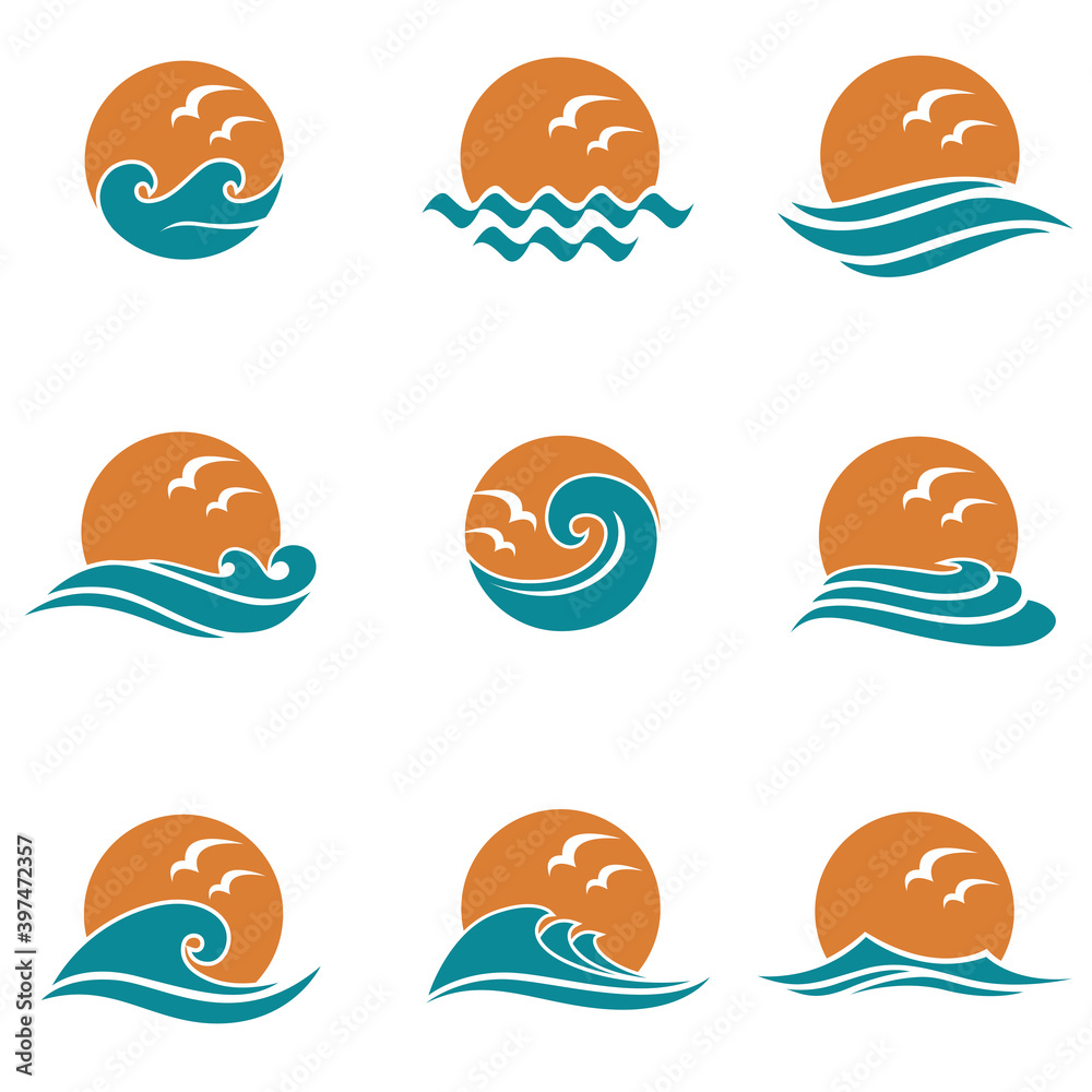 abstract collection of sun and sea icons with seagulls isolated on white background abstract collection of sun and sea icons with seagulls isolated on white background