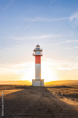 Fangar lighthouse at sunset, Delta del Ebro, Tarragona, Spain