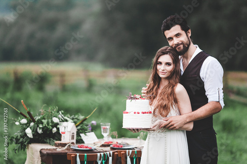 Beautiful young couple. Wedding photo session outdoors in the mountains. Happy couple. New family.