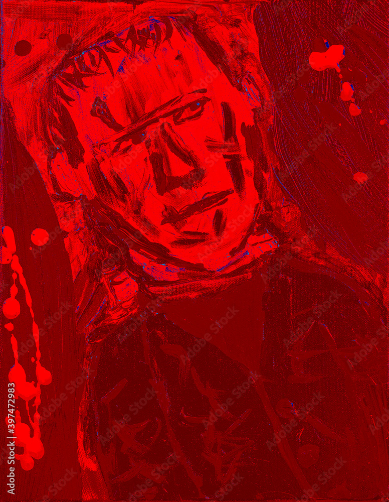 Original painting of the monster created by Dr. Frankenstein. Abstract with dominant red color. 