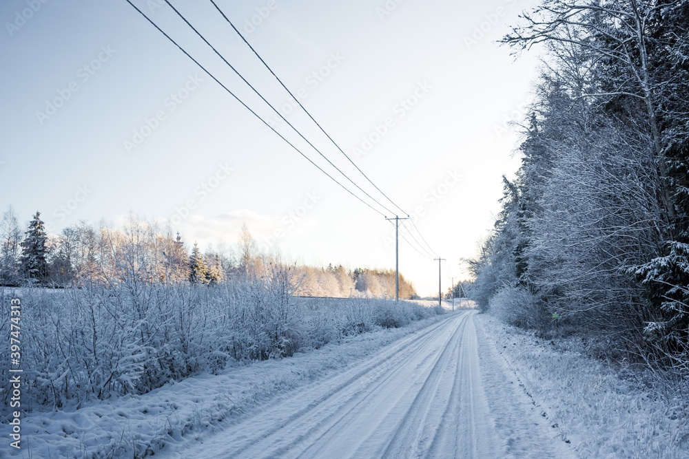 A beautiful winter day landscape of a gravel road near the forest. Snow covered scenery of Northern Europe. A beautiful winter day landscape of a gravel road near the forest. Snow covered scenery of Northern Europe.