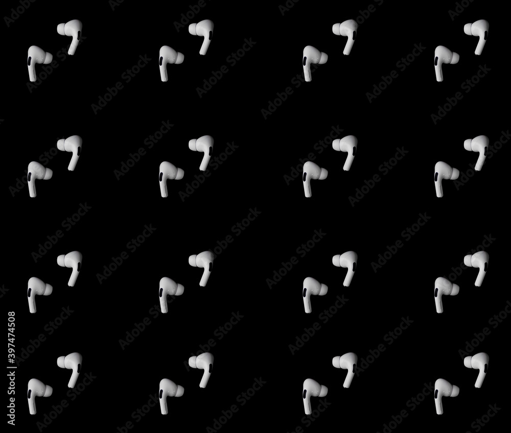 Fototapeta premium Pattern white wireless headphones on black background.
