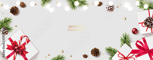New Year and Christmas design template. Xmas background with decorative red bells, fir twigs and gift box. Vector stock illustration.