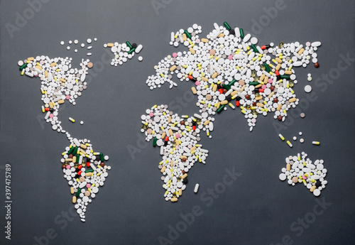 World map of pills and capsules, medicines in the form of mothers and islands