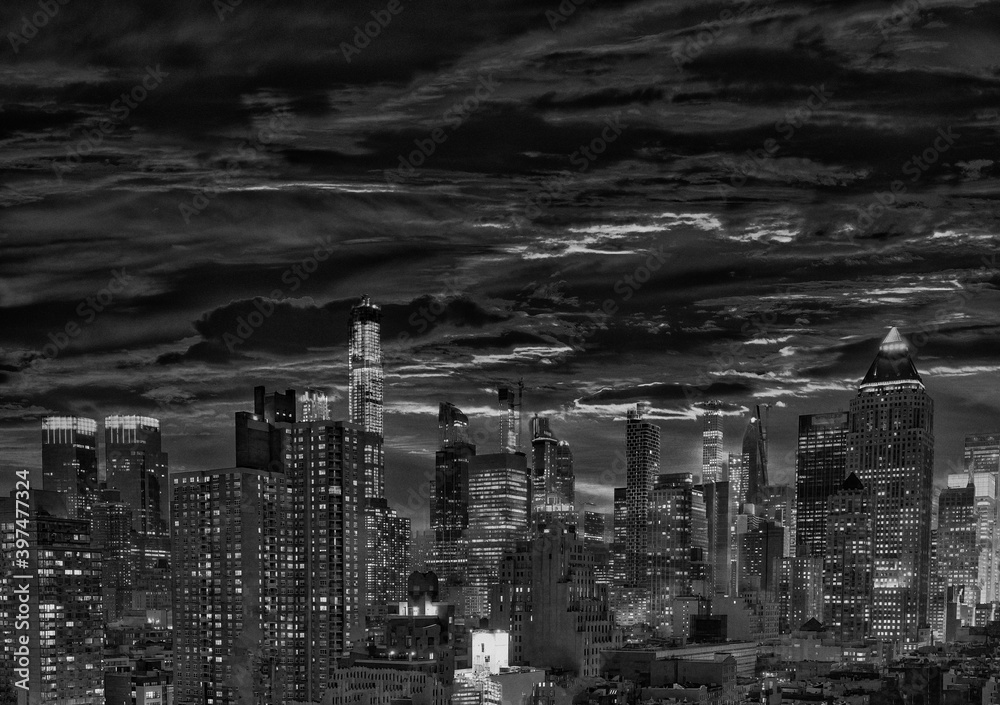 Manhattan night aerial skyline, New York City