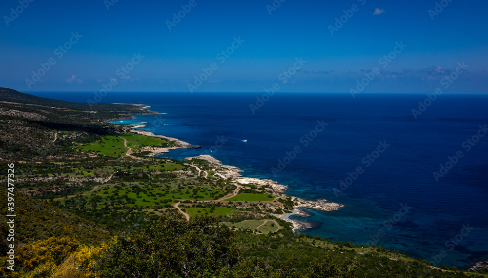 Green mountainous coast of the Mediterranean Sea on the Akamas Peninsula in the northwest of the island of Cyprus.