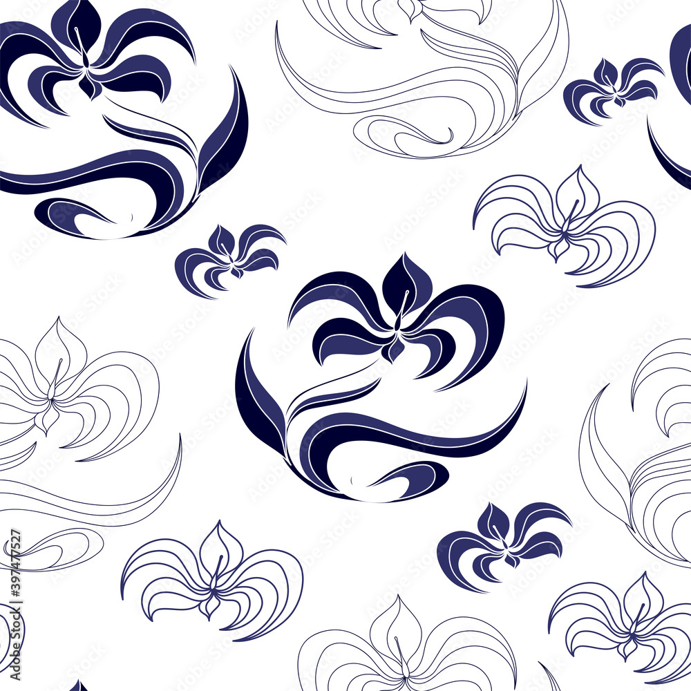 Fototapeta premium Seamless pattern with blue flowers on a white background. Hand drawn floral texture.