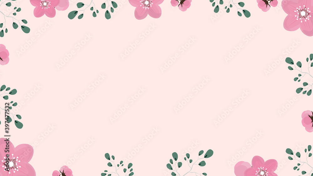 Pink background with flowers and leaves with a place under the text. Vector.