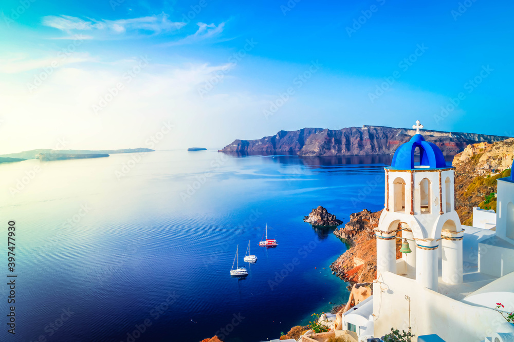 Fototapeta premium white belfries Santorini island, Greece