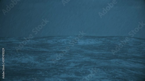 raging ocean in a strong storm with rain and lightning, 3d animation