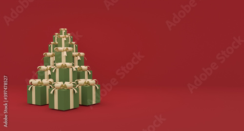 3d rendering green gift boxes stack up in Christmas tree shape with red background and copy space.