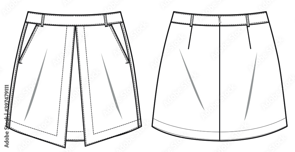 woman fashion design mini skirt CAD technical flat drawing illustration ...