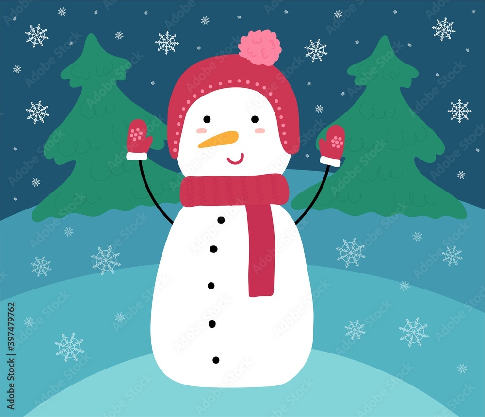 Cute Christmas Snowman with opened eyes and red scarf in winter forest. Christmas trees. Funny hand drawn Figure with orange carrot. Vector illustration. Cute Christmas Snowman with opened eyes and red scarf in winter forest. Christmas trees. Funny hand drawn Figure with orange carrot. Vector illustration.