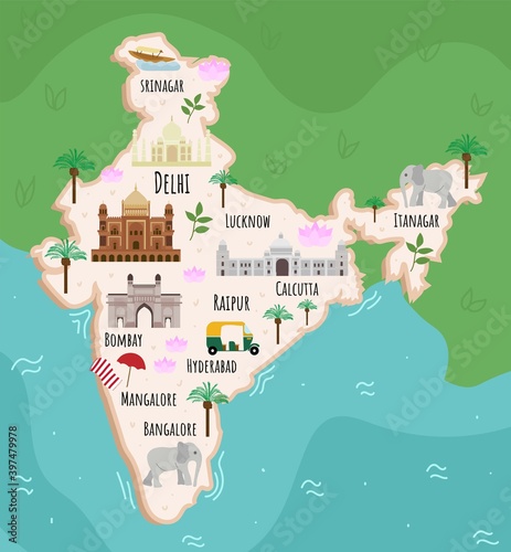 Tourist infographics about India. Cartoon map of asian country. Travel illustration with landmarks, buildings, food and plants. Delhi, Taj Mahal, Bombay. Famous attractions. Vector illustration.