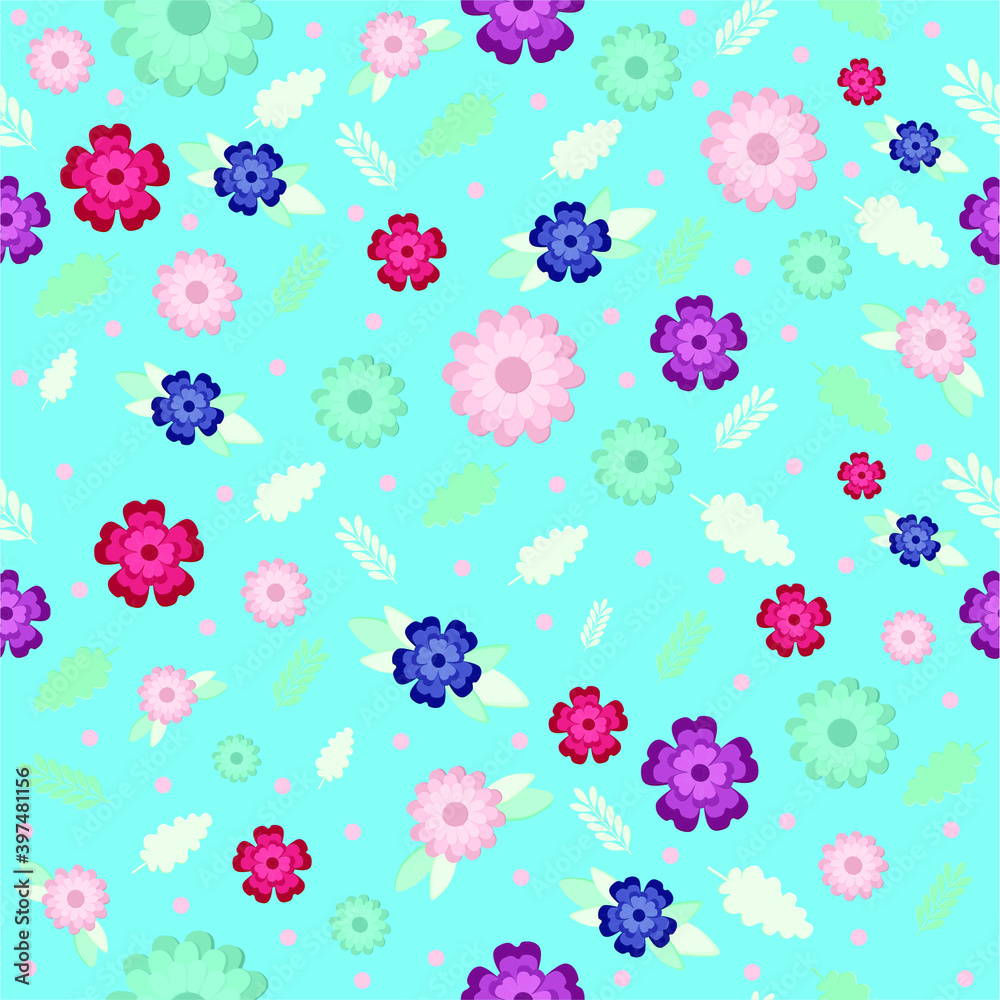 Vector colorful flowers and leaves seamless pattern with turquoise backgrouns