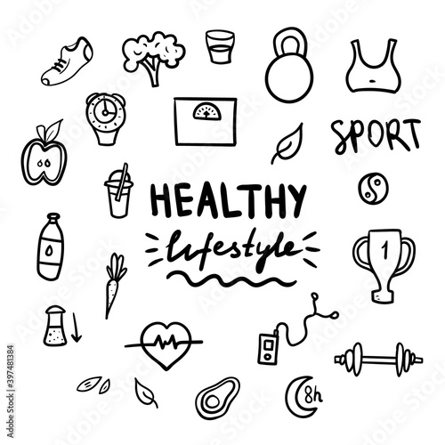 Healthy lifestyle doodle set on white background. Vector hand drawn elements including food, sport equipment and health symbols