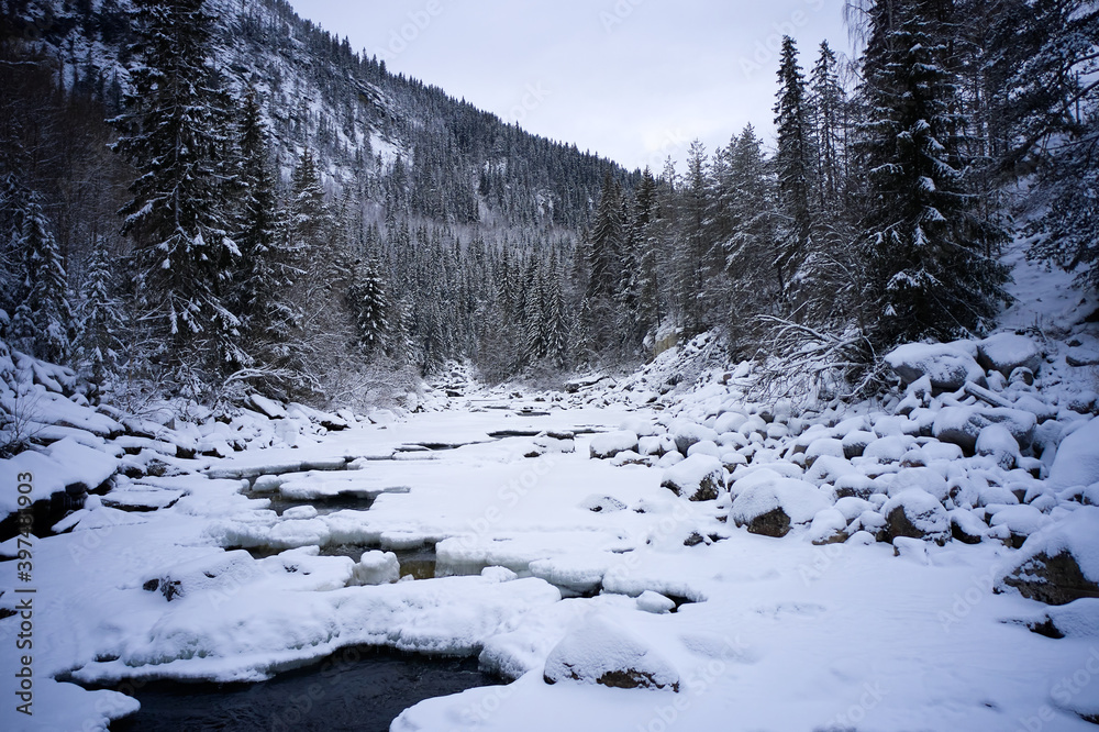Flying over winter wonderland with frozen creeks and snow clothed trees. Shot with a drone in Hallingdal, Gol. Flying over winter wonderland with frozen creeks and snow clothed trees. Shot with a drone in Hallingdal, Gol.