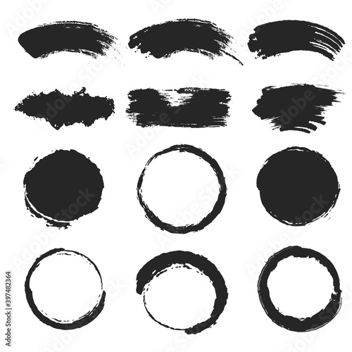 Black ink brush stroke set, black smear collection with circle stains