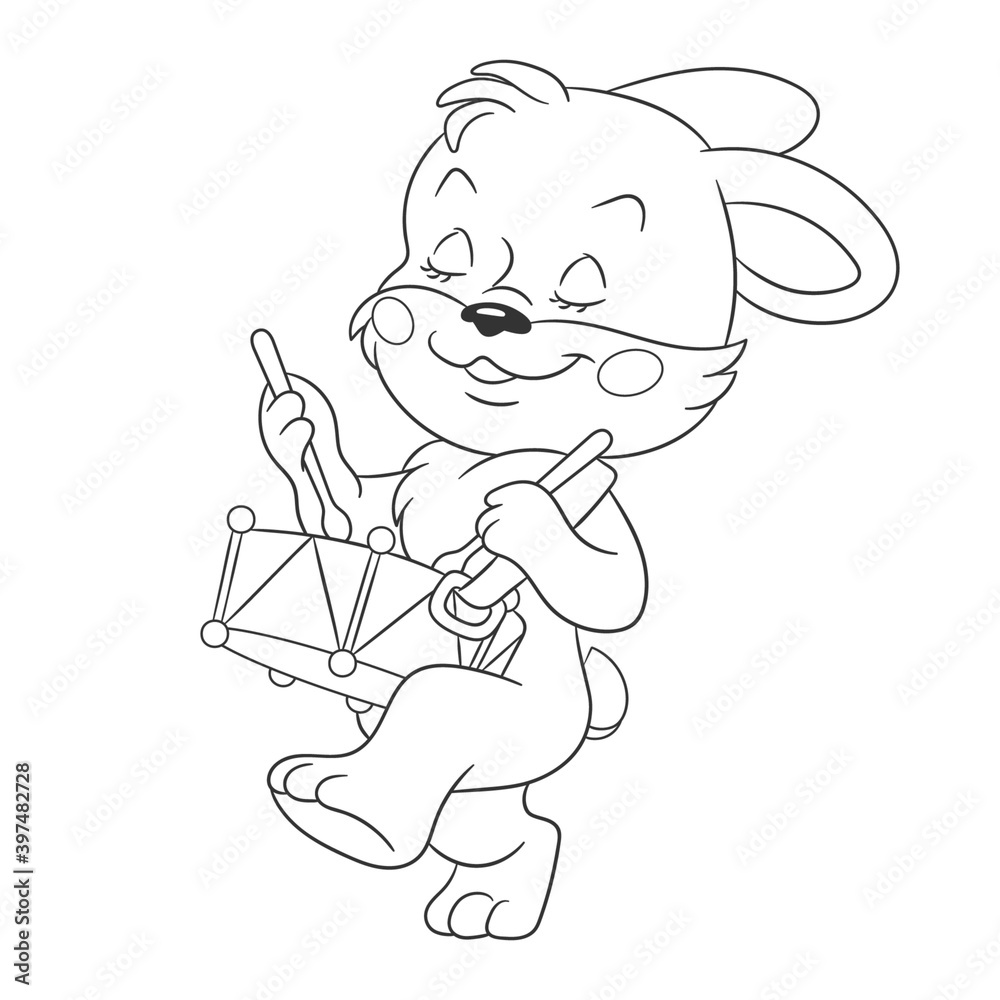 Coloring book page for kids with cute cartoon bunny playing music