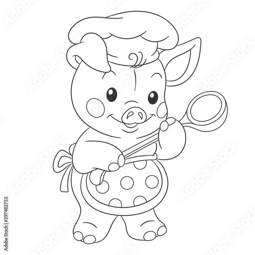 Coloring book page for kids with cute cartoon pig. Vector illustration.