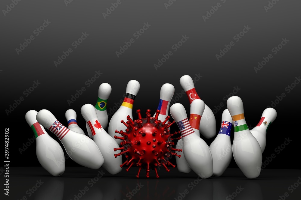 Covid19 Virus bawling ball impact on pins each represent a country with a flag, how the virus is spreading all over the world, 3d rendering on black background. Covid19 Virus bawling ball impact on pins each represent a country with a flag, how the virus is spreading all over the world, 3d rendering on black background.